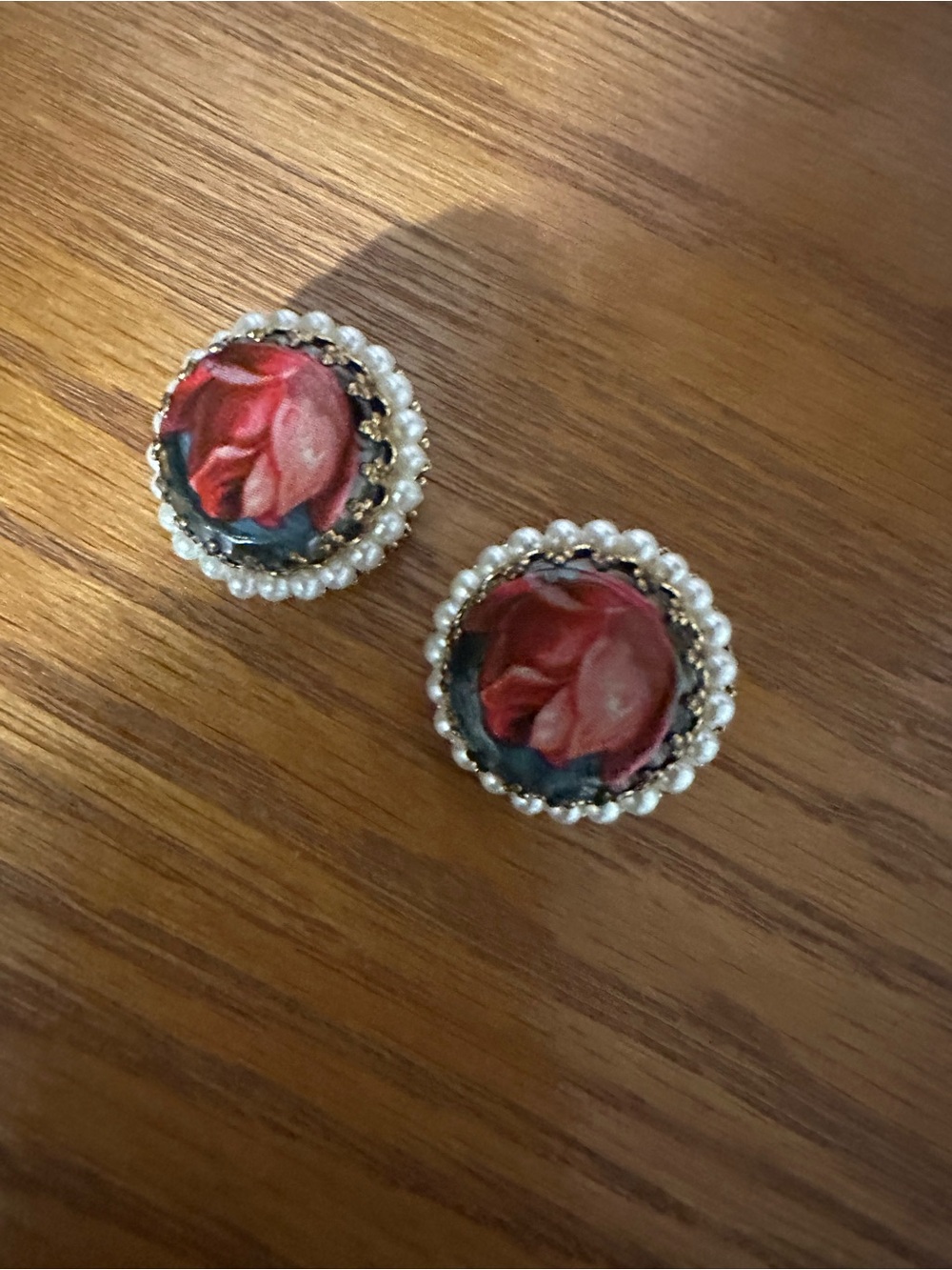 Vintage Floral Pearl-Trim Red Rose Clip-On Earrings